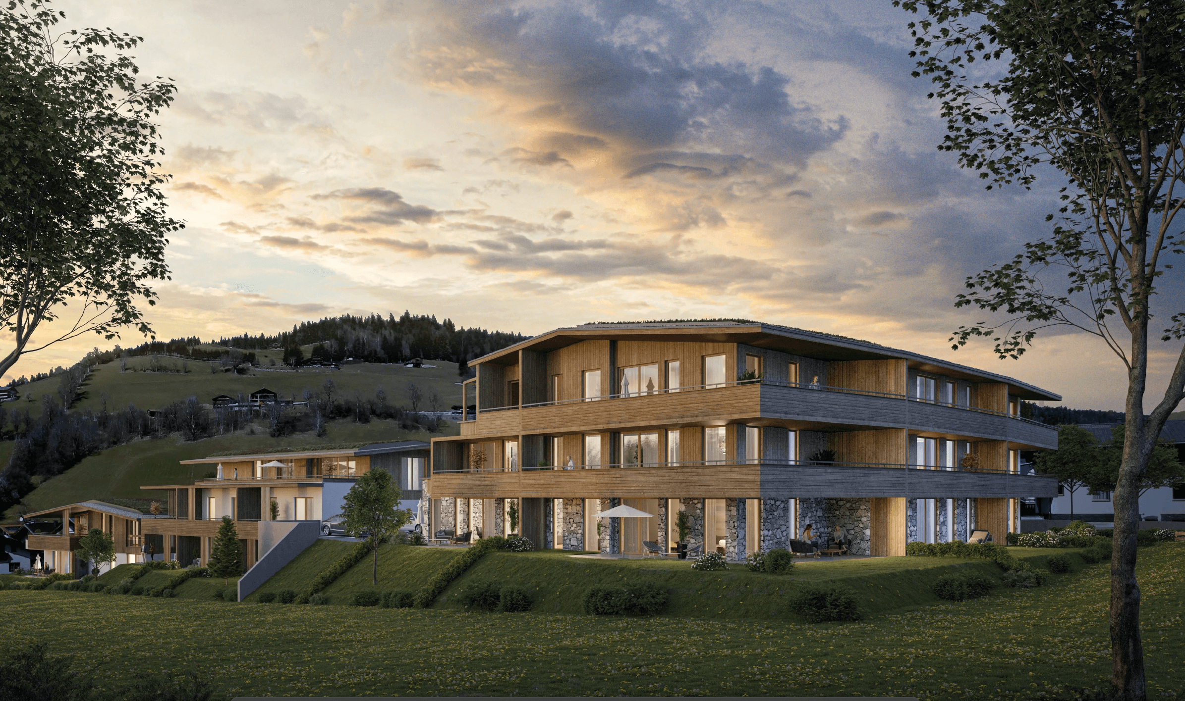 Apartmentresort in Wildschönau bei Sonnenuntergang